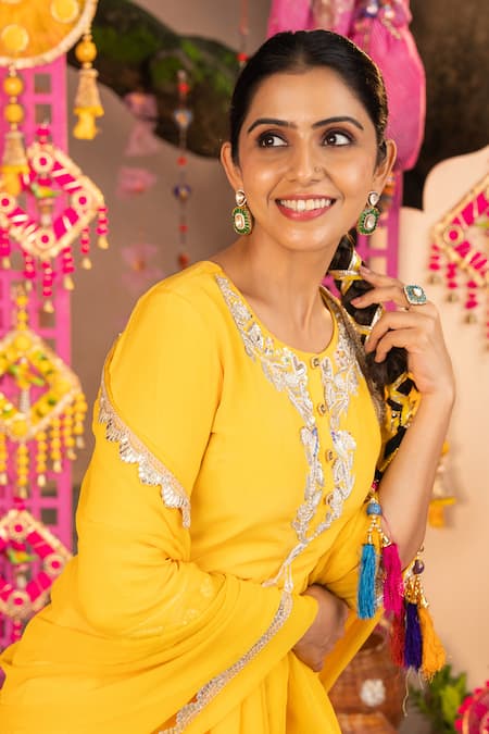 Buy Panchhi By Kanupriya Tibrewala Yellow Crepe, Crinkle, Silk, Chiffon Embroidery, Dil Ki Rani Sharara Set Online at Aza Fashions Buy_Panchhi By Kanupriya Tibrewala_Yellow Crepe, Crinkle, Silk, Chiffon Embroidery, Dil Ki Rani Sharara Set _Online_at_Aza_Fashions