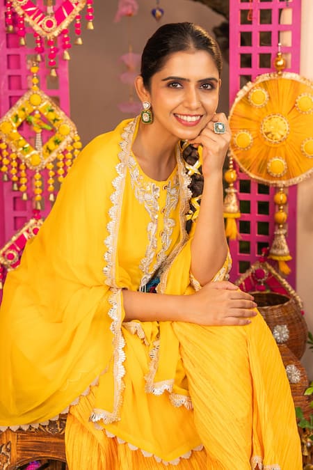 Shop Panchhi By Kanupriya Tibrewala Yellow Crepe, Crinkle, Silk, Chiffon Embroidery, Dil Ki Rani Sharara Set Online at Aza Fashions Shop_Panchhi By Kanupriya Tibrewala_Yellow Crepe, Crinkle, Silk, Chiffon Embroidery, Dil Ki Rani Sharara Set _Online_at_Aza_Fashions