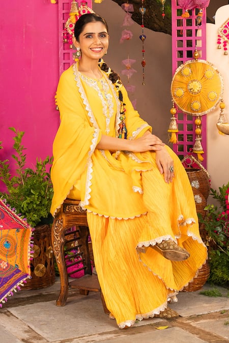 Panchhi By Kanupriya Tibrewala Yellow Crepe, Crinkle, Silk, Chiffon Embroidery, Dil Ki Rani Sharara Set at Aza Fashions Panchhi By Kanupriya Tibrewala_Yellow Crepe, Crinkle, Silk, Chiffon Embroidery, Dil Ki Rani Sharara Set _at_Aza_Fashions