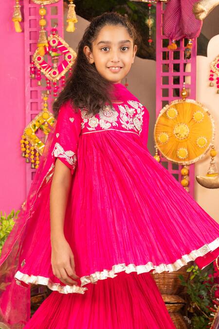 Buy_Panchhi By Kanupriya Tibrewala_Fuchsia Crepe, Tulle Sequins, Zari, Gota Rajkumari Flared Kurta Sharara Set _Online_at_Aza_Fashions