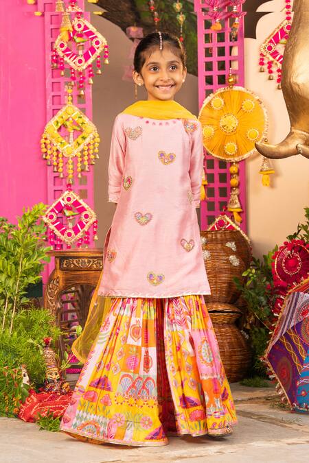 Panchhi By Kanupriya Tibrewala_Pink Silk, Tulle Embroidery Dil Ka Tukda Kurta Sharara Set _at_Aza_Fashions
