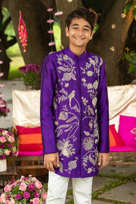 Panchhi By Kanupriya Tibrewala Purple Silk, Cotton, Lycra Embroidery, Zari Anaar Bagh Sherwani Set Online at Aza Fashions Panchhi By Kanupriya Tibrewala_Purple Silk, Cotton, Lycra Embroidery, Zari Anaar Bagh Sherwani Set _Online_at_Aza_Fashions