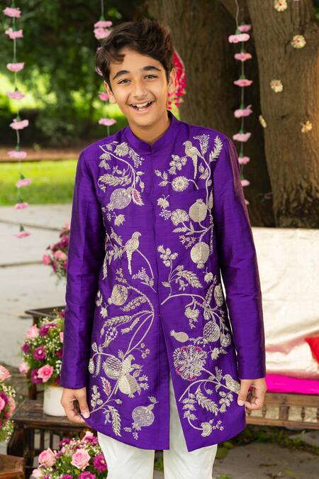 Buy Panchhi By Kanupriya Tibrewala Purple Silk, Cotton, Lycra Embroidery, Zari Anaar Bagh Sherwani Set Online at Aza Fashions Buy_Panchhi By Kanupriya Tibrewala_Purple Silk, Cotton, Lycra Embroidery, Zari Anaar Bagh Sherwani Set _Online_at_Aza_Fashions