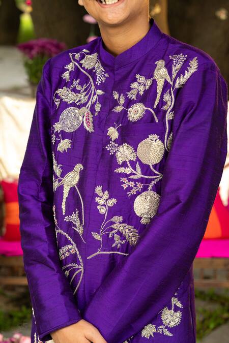 Panchhi By Kanupriya Tibrewala Purple Silk, Cotton, Lycra Embroidery, Zari Anaar Bagh Sherwani Set at Aza Fashions Panchhi By Kanupriya Tibrewala_Purple Silk, Cotton, Lycra Embroidery, Zari Anaar Bagh Sherwani Set _at_Aza_Fashions