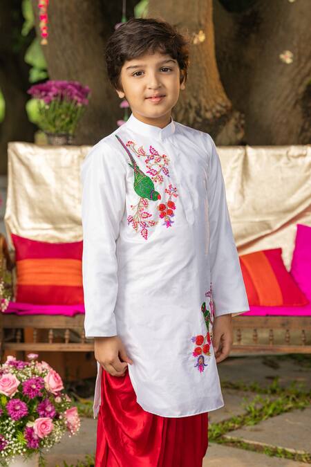 Panchhi By Kanupriya Tibrewala_White Satin, Modal Embroidery Main Tota Kurta And Dhoti Pant Set _Online_at_Aza_Fashions