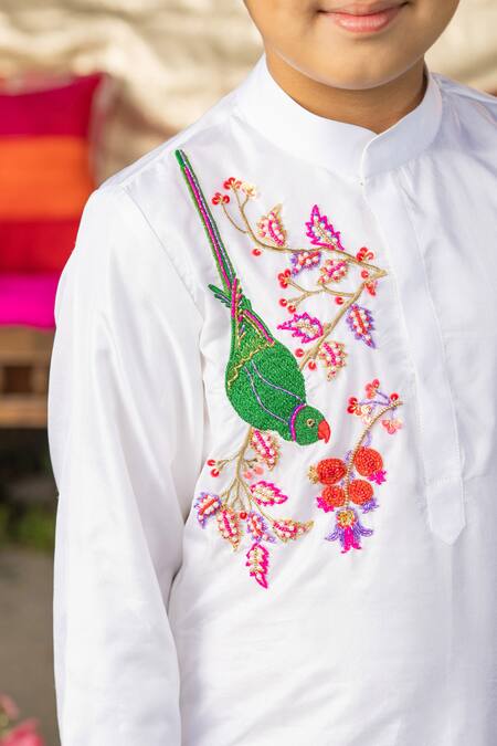 Buy_Panchhi By Kanupriya Tibrewala_White Satin, Modal Embroidery Main Tota Kurta And Dhoti Pant Set _Online_at_Aza_Fashions