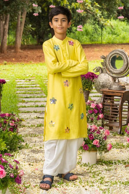 Buy_Panchhi By Kanupriya Tibrewala_Yellow Silk, Modal, Satin Mirrors Ek Phool Kurta And Dhoti Pant Set _Online_at_Aza_Fashions