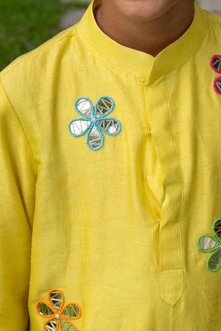 Shop_Panchhi By Kanupriya Tibrewala_Yellow Silk, Modal, Satin Mirrors Ek Phool Kurta And Dhoti Pant Set _Online_at_Aza_Fashions