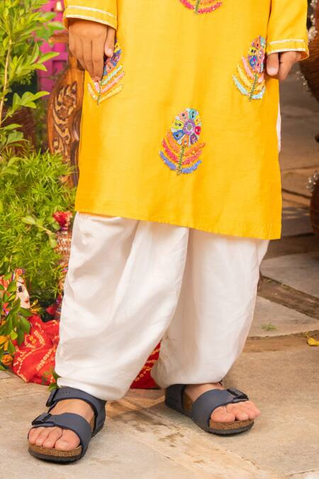 Panchhi By Kanupriya Tibrewala_Yellow Silk, Modal Embroidery, Mirrors Phool Bagh Kurta Dhoti Pant Set _Online_at_Aza_Fashions