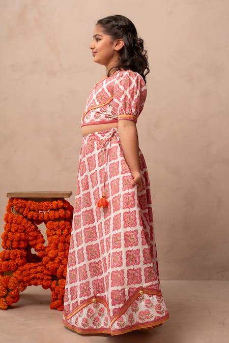 Plumcheeks_Off White Cotton Embroidery, Tassels Jharokha Lehenga And Top Set _Online_at_Aza_Fashions