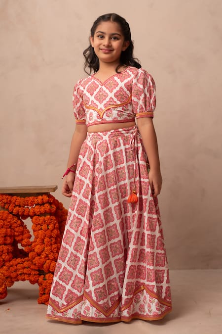 Shop_Plumcheeks_Off White Cotton Embroidery, Tassels Jharokha Lehenga And Top Set _Online_at_Aza_Fashions