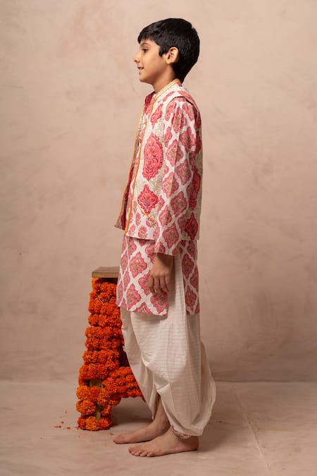 Plumcheeks_White Cotton Piping Hawa Bundi And Dhoti Pant Set _Online_at_Aza_Fashions