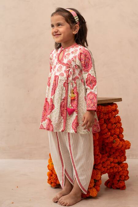 Plumcheeks_Pink Cotton Lace, Tassels Jharokha Angrakha Dhoti Pant Set _Online_at_Aza_Fashions