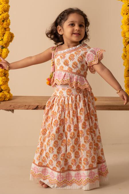 Shop Plumcheeks White Cotton Embroidery, Tassels Pihu One Shoulder Top And Lehenga Set Online at Aza Fashions Shop_Plumcheeks_White Cotton Embroidery, Tassels Pihu One Shoulder Top And Lehenga Set _Online_at_Aza_Fashions