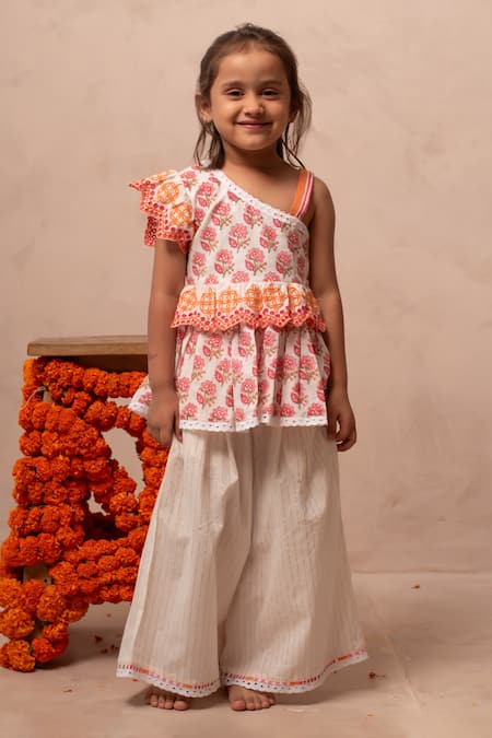 Buy_Plumcheeks_White Cotton Lace, Embroidery Rani One Shoulder Top And Pant Set 