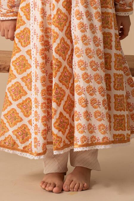 Plumcheeks_Yellow Cotton Embroidery Chandan Anakrali And Pant Set  _Online_at_Aza_Fashions