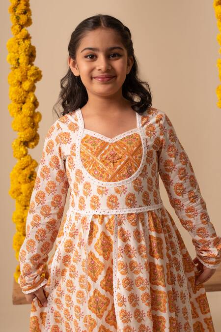 Buy_Plumcheeks_Yellow Cotton Embroidery Chandan Anakrali And Pant Set  _Online_at_Aza_Fashions