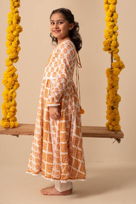 Plumcheeks_Yellow Cotton Embroidery Chandan Anakrali And Pant Set  _at_Aza_Fashions