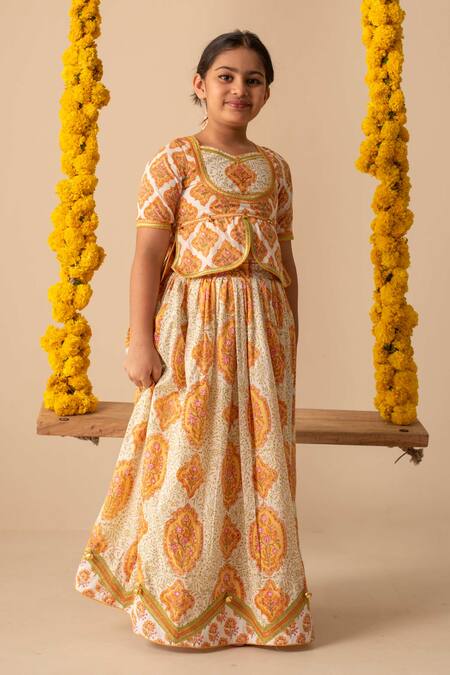 Shop_Plumcheeks_Yellow Cotton Embroidery, Tassels, Applique Chandan Floral Pattern Lehenga Set _Online_at_Aza_Fashions