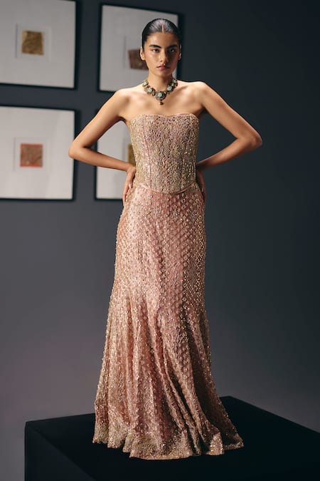 Sana Barreja Pink Roses Embroidered Corset With Skirt 