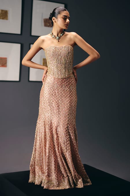 Sana Barreja Pink Roses Embroidered Corset With Skirt 