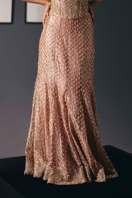 Sana Barreja_Pink Silk Organza Embroidery, Sequins, Beads, Zari Roses Corset With Skirt _Online_at_Aza_Fashions