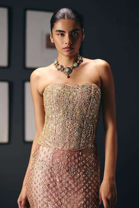 Buy_Sana Barreja_Pink Silk Organza Embroidery, Sequins, Beads, Zari Roses Corset With Skirt _Online_at_Aza_Fashions