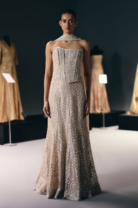 Sana Barreja Irises Embroidered Corset Skirt Set 