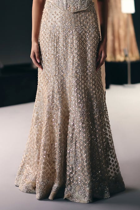 Buy_Sana Barreja_Ivory Silk Organza, Organza, Tissue Zari, Sequins, Irises Corset Skirt Set _Online_at_Aza_Fashions