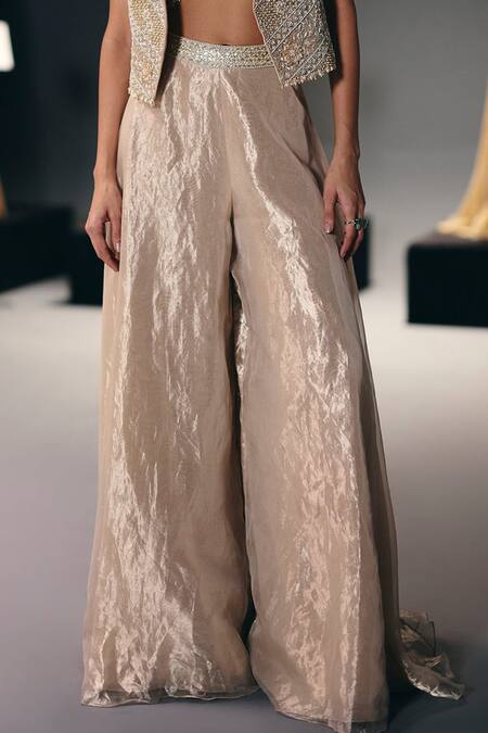 Sana Barreja_Ivory Silk Organza Zari, Sequins, Beads, Embroidery Tusk Jacket Sharara Set _Online_at_Aza_Fashions