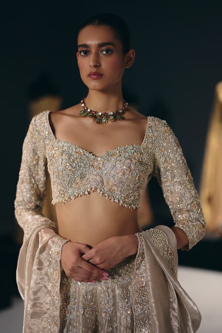 Sana Barreja_Ivory Silk , Embroidery, The Marble Bloom Blouse Sharara Set _Online_at_Aza_Fashions