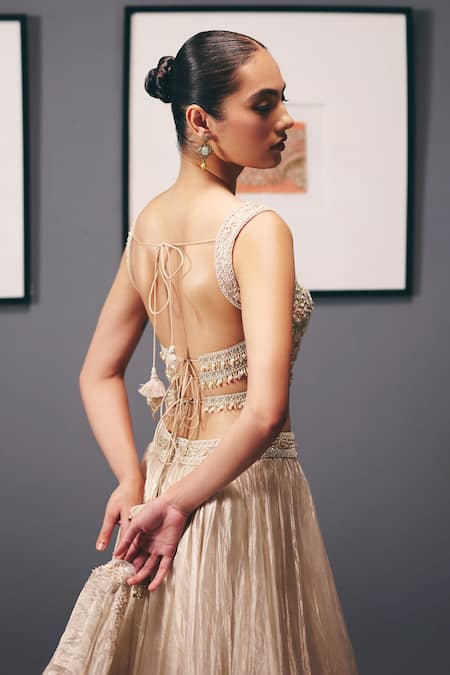 Sana Barreja_Ivory Tissue, Organza, Silk Zari, Cut Work, Water Lilies Pleated Lehenga Set _Online_at_Aza_Fashions