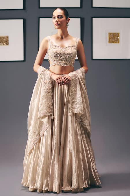 Buy_Sana Barreja_Ivory Tissue, Organza, Silk Zari, Cut Work, Water Lilies Pleated Lehenga Set _Online_at_Aza_Fashions