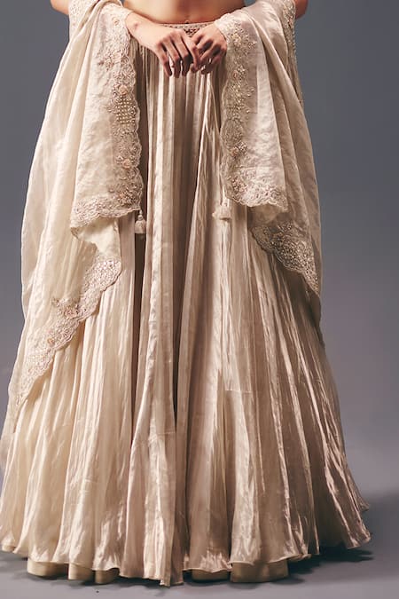 Shop_Sana Barreja_Ivory Tissue, Organza, Silk Zari, Cut Work, Water Lilies Pleated Lehenga Set _Online_at_Aza_Fashions