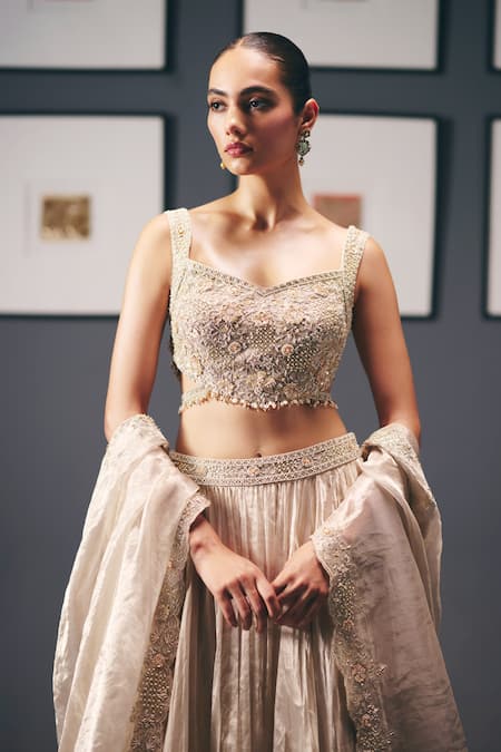 Sana Barreja_Ivory Tissue, Organza, Silk Zari, Cut Work, Water Lilies Pleated Lehenga Set _at_Aza_Fashions