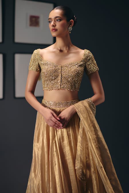Buy_Sana Barreja_Gold Organza, Tissue Zari, Sequins, Beads, Crystals, Song Of Love Lehenga Set _Online_at_Aza_Fashions