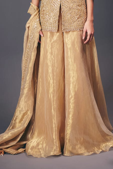 Sana Barreja_Gold Organza Zari, Sequins, Beads, Ornament Of Light Jacket Sharara Set _Online_at_Aza_Fashions