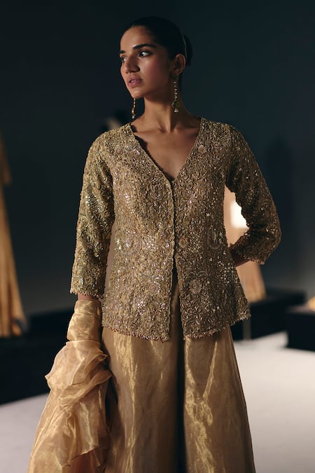 Buy_Sana Barreja_Gold Organza Zari, Embroidery, Sequins, Beads, Pages Of Jacket Sharara Set _Online_at_Aza_Fashions
