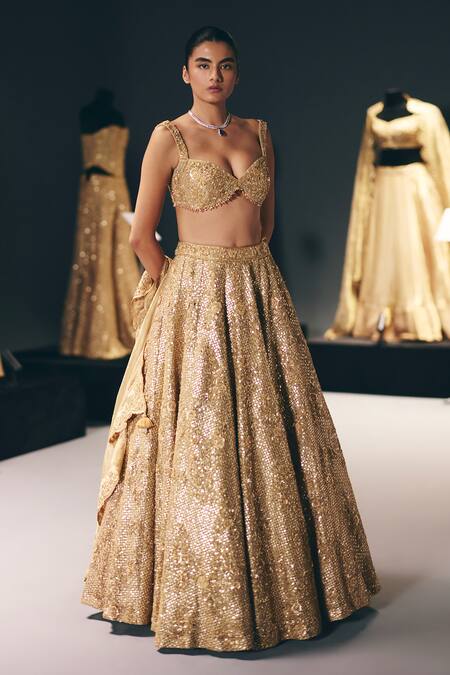 Buy_Sana Barreja_Gold Organza Embroidery, Zari, Sequins, Beads, Crystals The Dream Lehenga Set _Online_at_Aza_Fashions