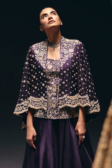 Sana Barreja_Purple Organza, Embroidery, Sequins, Beads, Two Fridas Cape Skirt Set _Online_at_Aza_Fashions