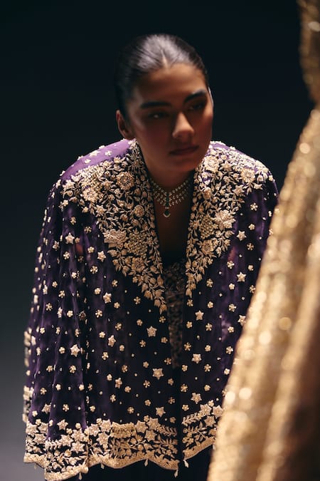 Buy_Sana Barreja_Purple Organza, Embroidery, Sequins, Beads, Two Fridas Cape Skirt Set _Online_at_Aza_Fashions