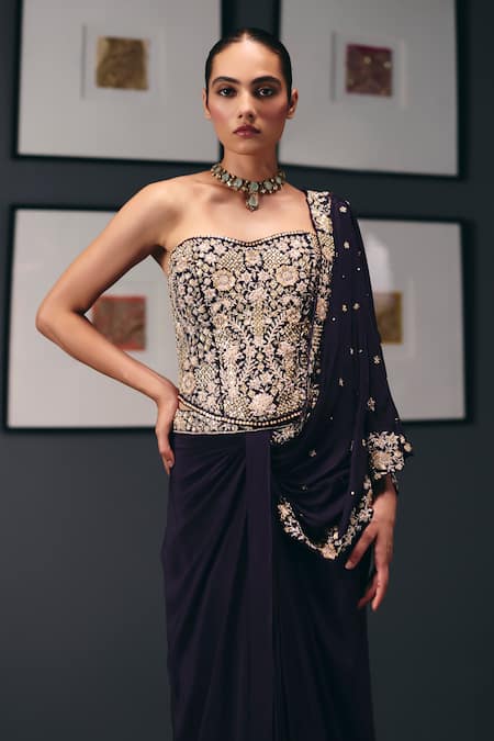 Sana Barreja Infinity Hand Embroidered Pre-Draped Saree With Corset 