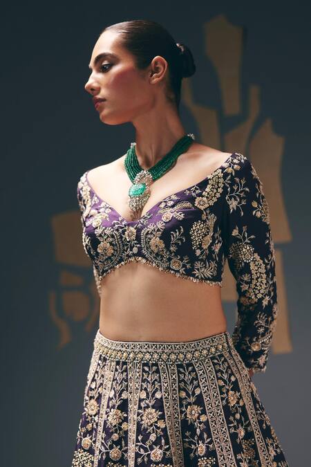 Sana Barreja_Purple Silk Organza Sequins, Beads, Embroidery, Stones, Nightlife Lehenga Set _Online_at_Aza_Fashions