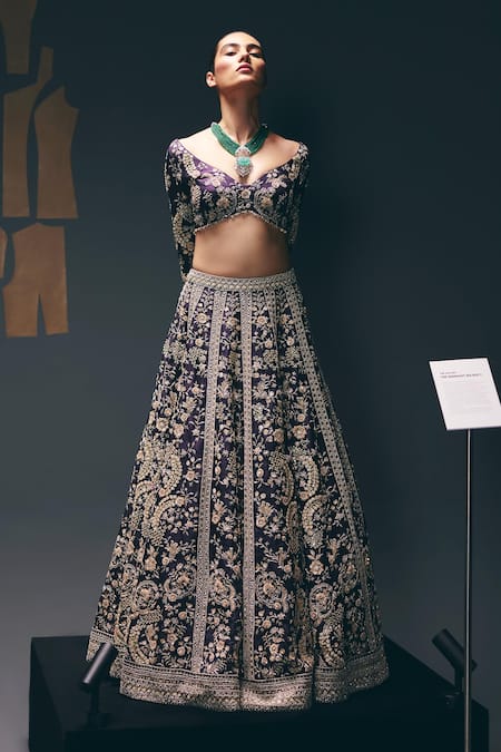 Buy_Sana Barreja_Purple Silk Organza Sequins, Beads, Embroidery, Stones, Nightlife Lehenga Set _Online_at_Aza_Fashions