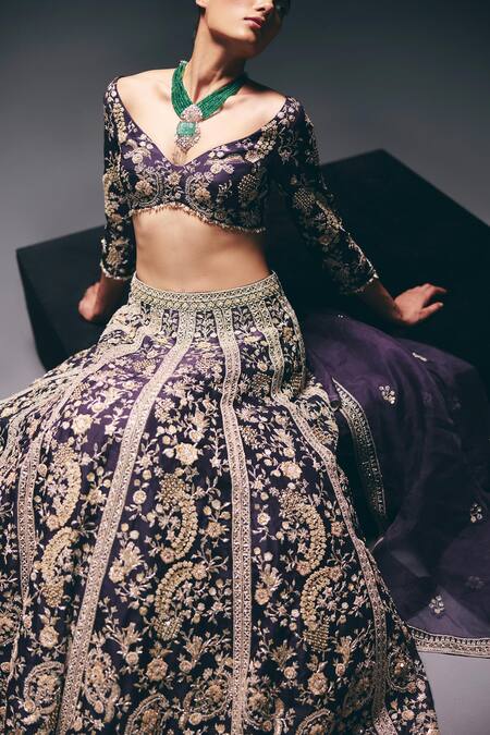 Shop_Sana Barreja_Purple Silk Organza Sequins, Beads, Embroidery, Stones, Nightlife Lehenga Set _Online_at_Aza_Fashions