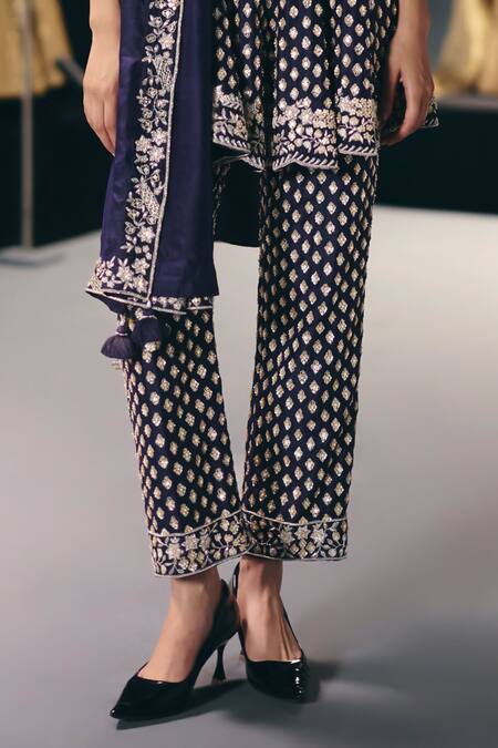 Sana Barreja_Purple Dupion, Silk Embroidery, Sequins, Beads, Starry Night Kalidar Kurta Set _Online_at_Aza_Fashions