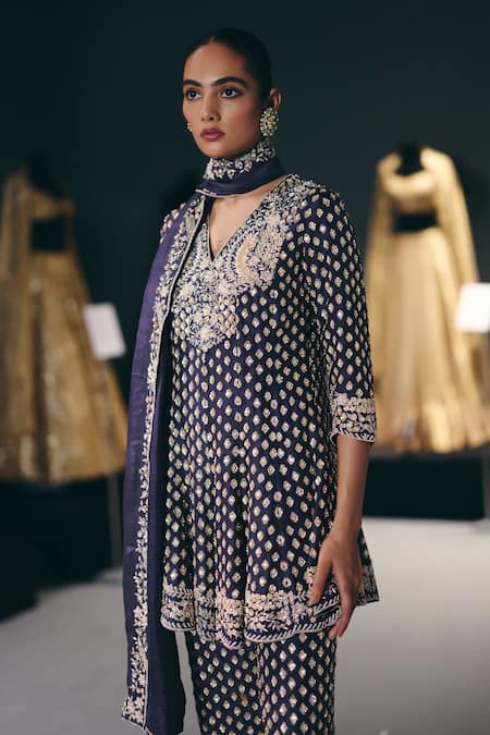 Buy_Sana Barreja_Purple Dupion, Silk Embroidery, Sequins, Beads, Starry Night Kalidar Kurta Set _Online_at_Aza_Fashions