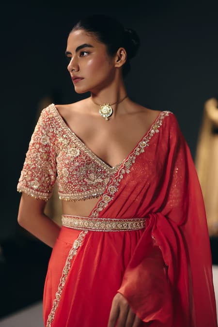 Sana Barreja_Coral Chiffon Embroidery, Beads, The Living Fresco Pre-draped Saree With Blouse _Online_at_Aza_Fashions