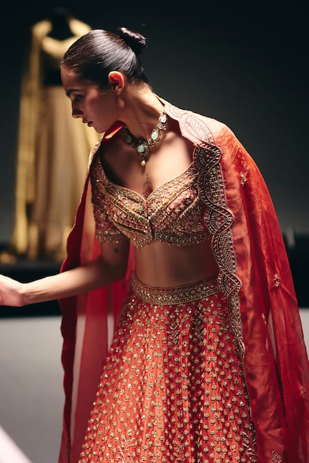 Sana Barreja_Coral Silk Embroidery, Beads, Sequins, Zari Rising Sun Hand Lehenga Set _Online_at_Aza_Fashions
