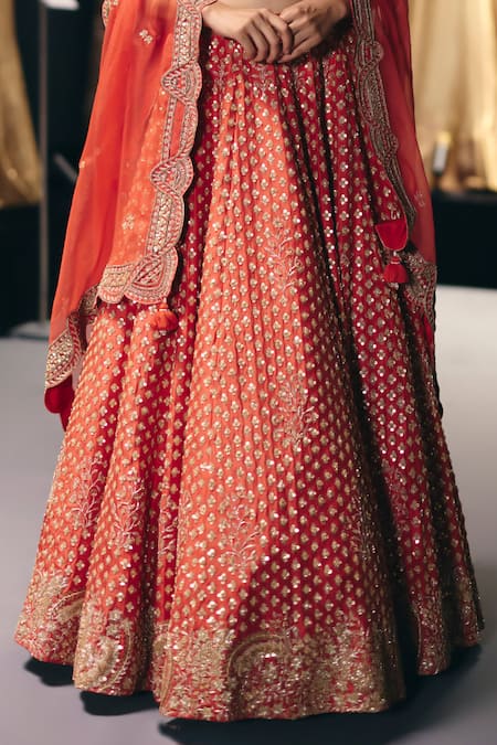 Buy_Sana Barreja_Coral Silk Embroidery, Beads, Sequins, Zari Rising Sun Hand Lehenga Set _Online_at_Aza_Fashions